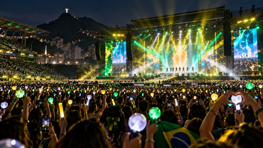 Large concert crowd in Brazil at night, illustrating the growth of the Brazilian K-pop market