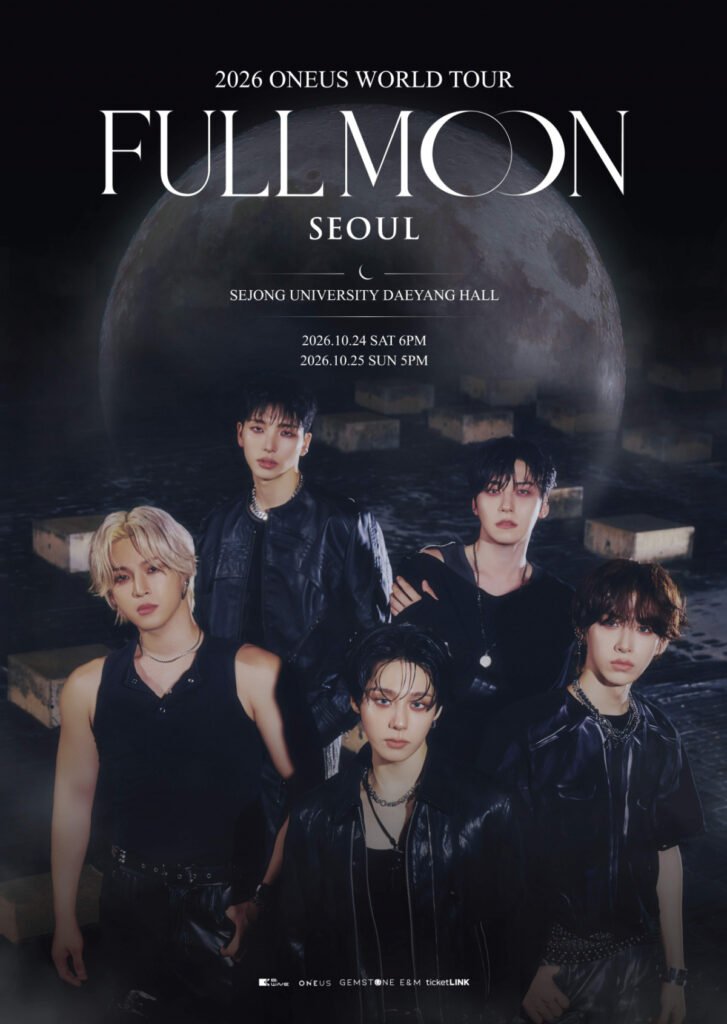 Official ONEUS 2026 FULL MOON World Tour Seoul concert poster featuring five members with the moon and October 24–25 Sejong University Daeyang Hall dates