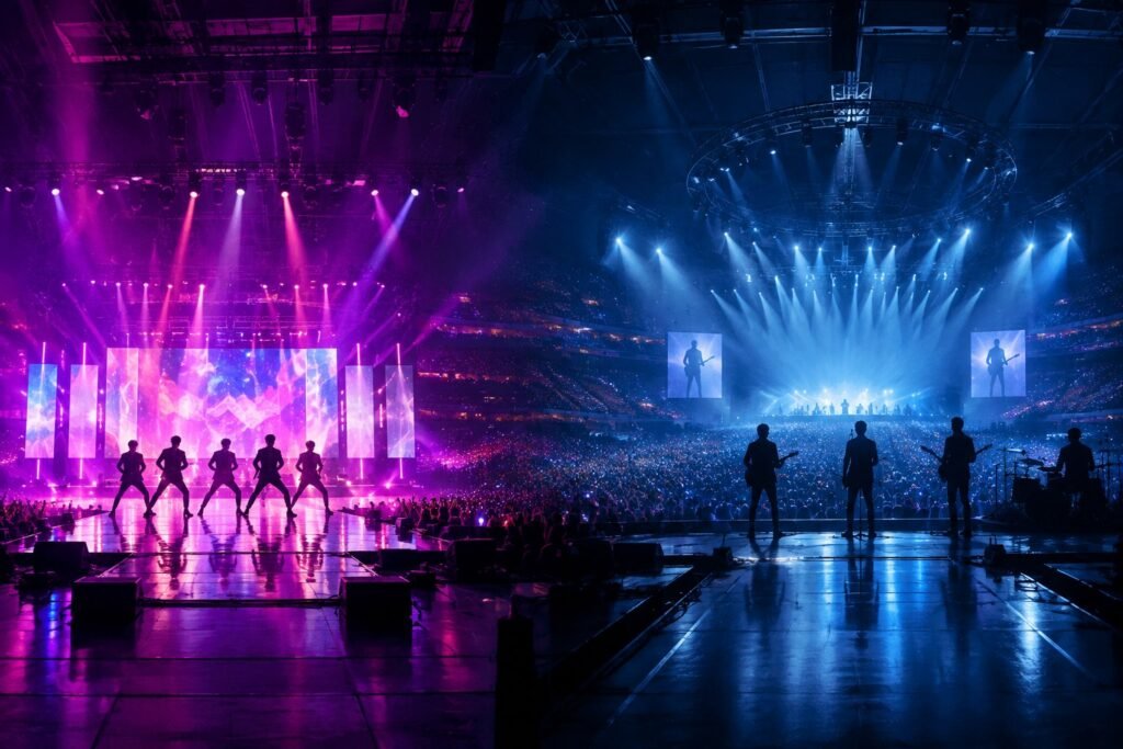 Wide editorial illustration comparing K-pop idol group stages and Western pop group concerts